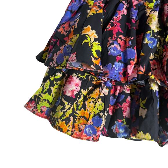 Caroline Constas Reign Black Multi Floral Tiered Ruffle Belted Mini Skirt M - Picture 4 of 8